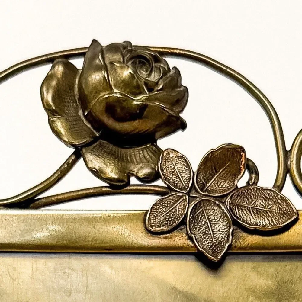 Antique Art Nouveau Brass Picture Frame Rose Floral Whiplash Easel c1900